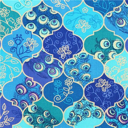 blue Quatrefoil peacock ornament metallic fabric Timeless Treasures