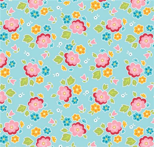 blue Riley Blake cute pink yellow blue flower leaf fabric - modeS4u