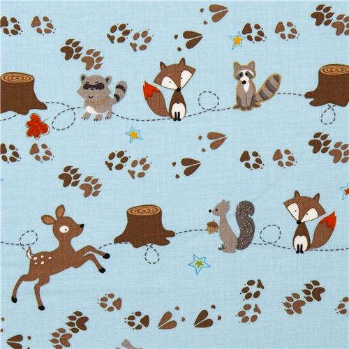 blue Riley Blake fabric deer fox racoon paw 1