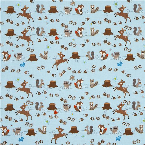 blue Riley Blake fabric deer fox racoon paw 2