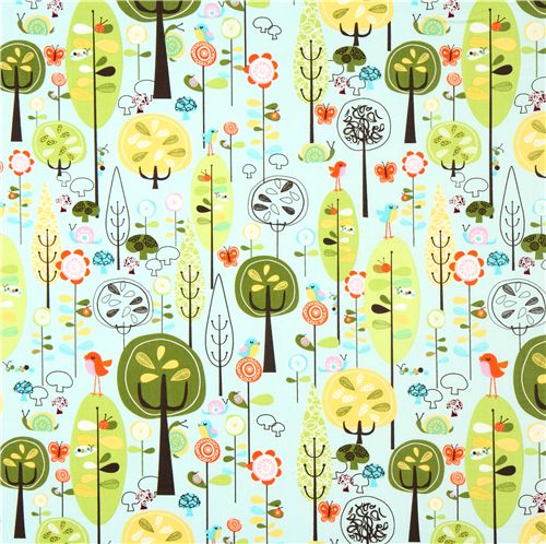 blue Riley Blake fabric forest with birds mushrooms 1