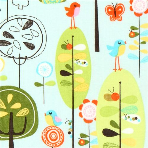 blue Riley Blake fabric forest with birds mushrooms 2