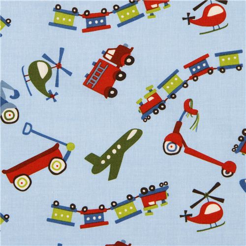 blue Riley Blake fabric train airplane scooter USA 1