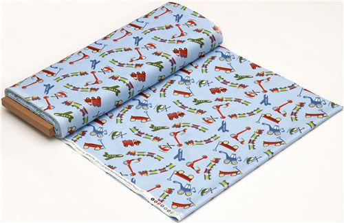 blue Riley Blake fabric train airplane scooter USA 3