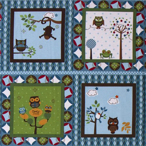 blue Riley Blake panel fabric kawaii owls 1
