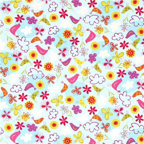blue Robert Kaufman fabric bird flower butterfly 2