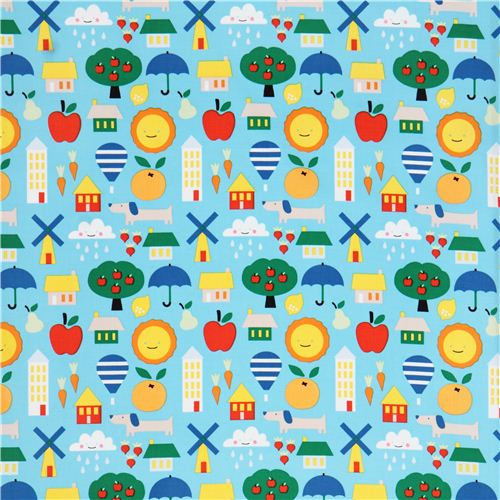 blue 'Small World' sun, tree, house Cloud 9 organic corduroy fabric 3