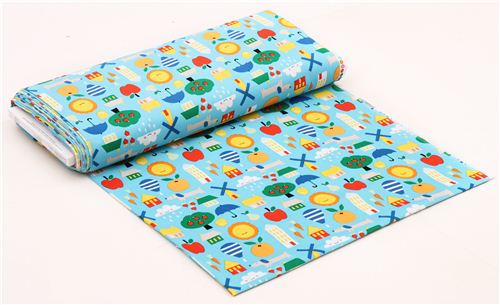 blue 'Small World' sun, tree, house Cloud 9 organic corduroy fabric 4