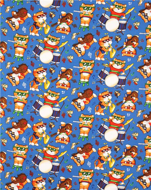 blue Timeless Treasures jazz music cat animal fabric 2