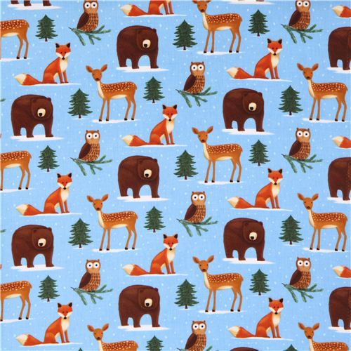 Blue Winter Woodland Animals Flannel Fabric By Timeless Treasures 