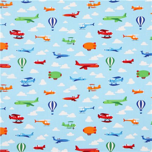 blue airplane airship hot-air balloon fabric Robert Kaufman 2
