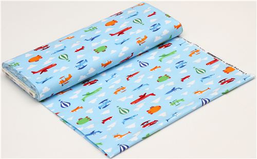 blue airplane airship hot-air balloon fabric Robert Kaufman 3