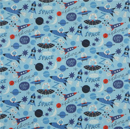 blue alien and outer space canvas Kokka fabric for boys Fabric by Kokka ...