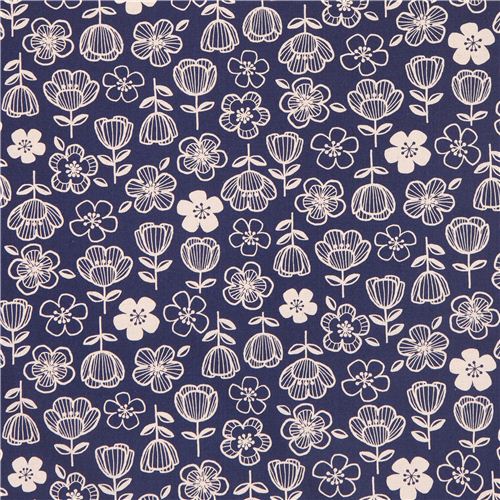 blue and natural-colored flower Canvas fabric from Japan 2
