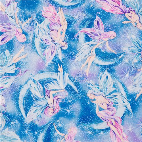 Tissu coton bleu violet avec des fes, lunes et toiles scintillantes magiques Tissu