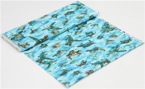 Chutes de tissu de (14 x 112 cm) - Tissu Robert Kaufman bleu etturquoise avec des tortues de mer, de 3