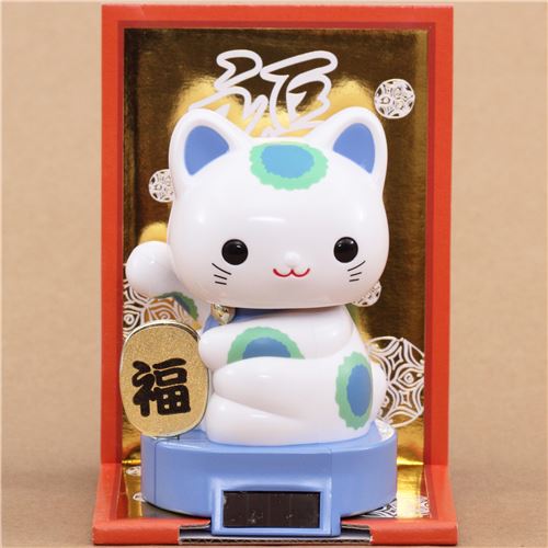 blue base lucky cat charm solar powered bobble head toy from Japan