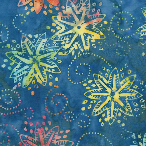  Tissu  batik  Timeless Treasures bleu avec des fleurs 