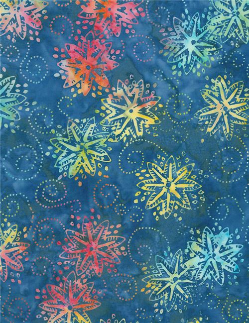  Tissu  batik  Timeless Treasures bleu avec des fleurs 