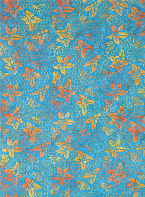 blue batik fabric with orange flowers insects by Robert Kaufman - modeS4u
