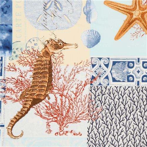 blue beach shell sea horse fabric by Timeless Treasures Fabric by ...