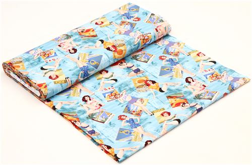 blue bikini pin up girls retro fabric by Timeless Treasures 3
