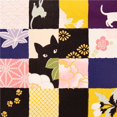 Blauer schwarzer karierter Baumwollstoff Japan-Stoff traditionelle Blumenmuster Katzen metallisch Stoff