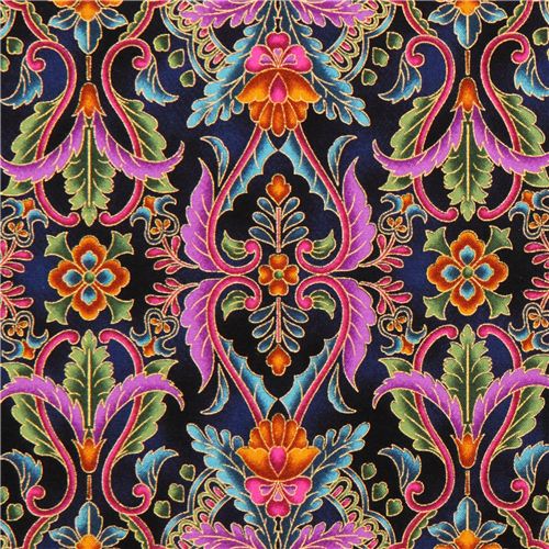 blueblack gold metallic flower ornament pattern fabric Robert Kaufman
