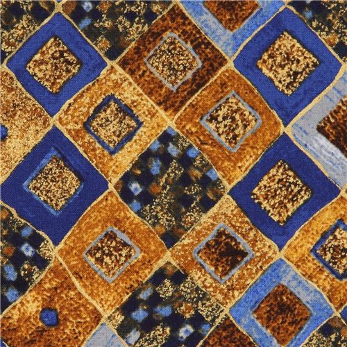 blue brown diamond shape gold metallic fabric Robert Kaufman Gustav Klimt Fabric