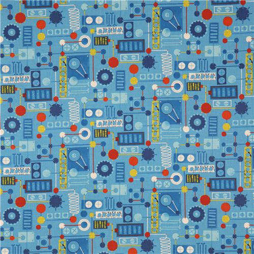 blauer Canvas Kokka Stoff f�r Jungs mit Mechanik 2