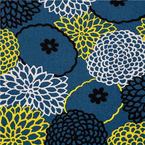 blue canvas fabric Japan pompom white yellow flowers round bloom heads