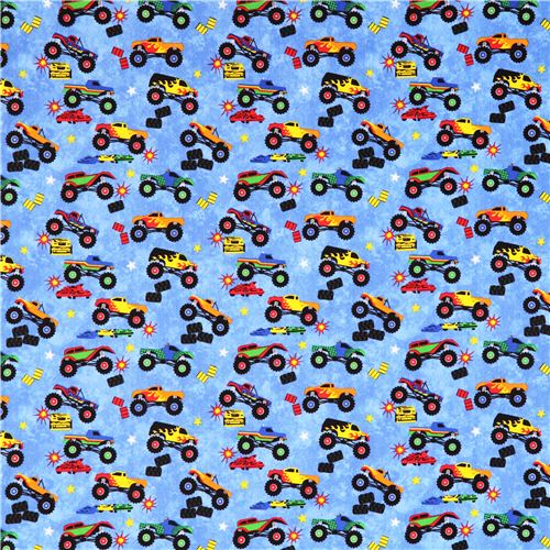 blue car fabric for boys Monster Truck Madness - Fabric for Boys ...