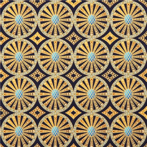 blue circle ornament gold fabric Beau Monde Robert Kaufman Fabric