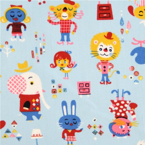 blue circus animals Japanese Kokka Fabric Trefle 1