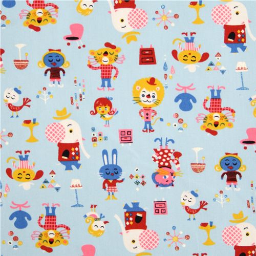 blue circus animals Japanese Kokka Fabric Trefle 2