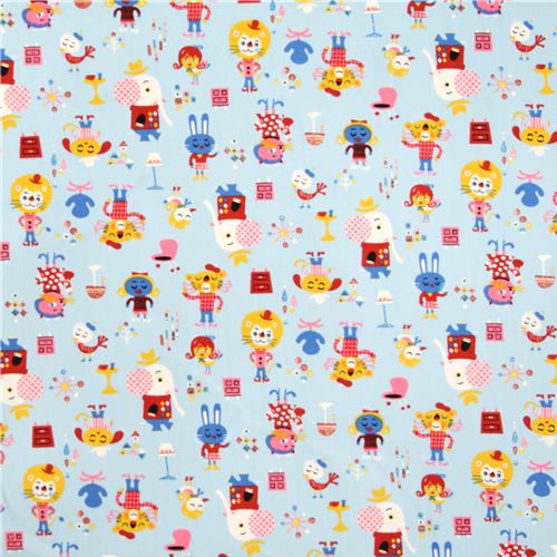 blue circus animals Japanese Kokka Fabric Trefle 3