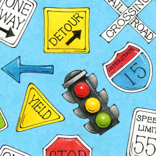 blue colorful road sign arrow traffic light fabric by Henry Glass Fabric