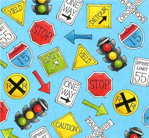blue colorful road sign arro traffic light fabric by Henry Glass 2