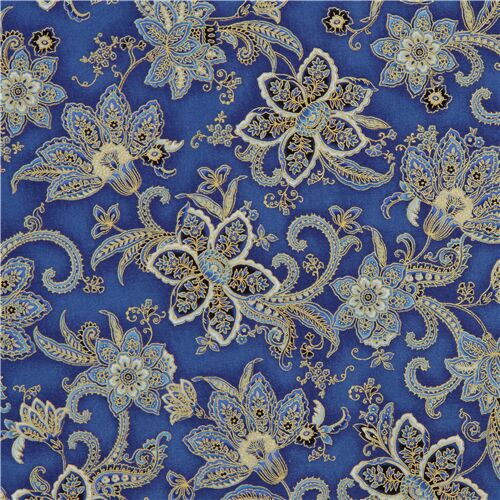 blue cotton fabric with blue paisley gold metallic by Robert Kaufman ...