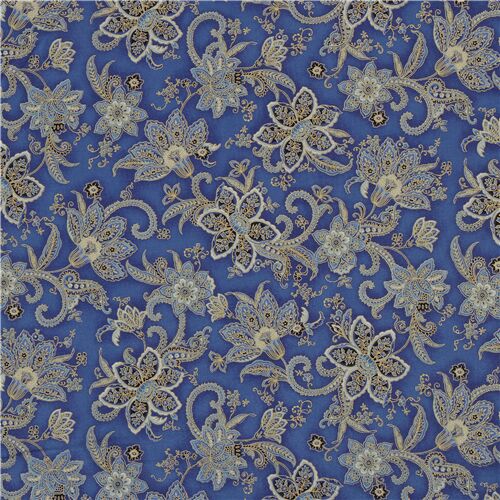 blue cotton fabric with blue paisley gold metallic by Robert Kaufman ...