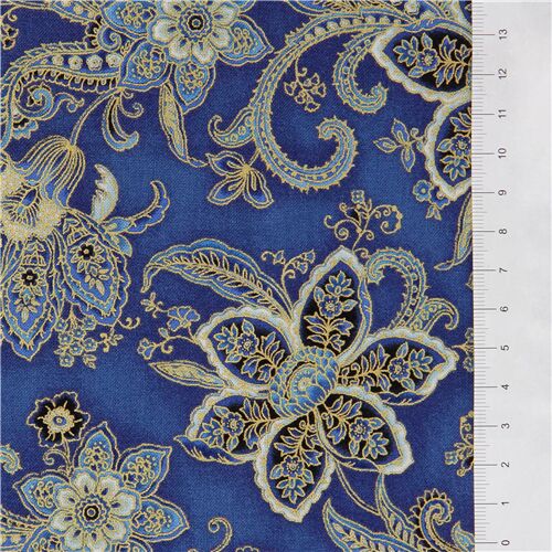 blue cotton fabric with blue paisley gold metallic by Robert Kaufman ...