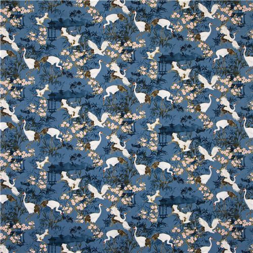 blue crane animal Asia fabric Timeless Treasures with gold 3