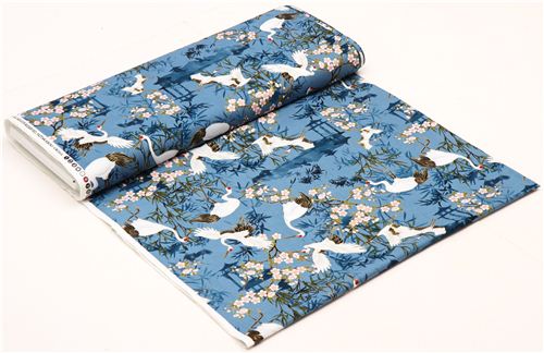 blue crane animal Asia fabric Timeless Treasures with gold 4