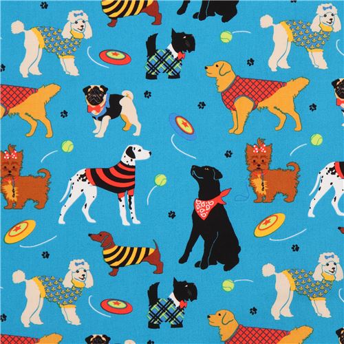 Blue Cute Dog With Clothes Fabric Project Dog Run Blank Quilting Usa 