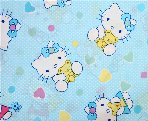 blue cute fabric with Hello Kitty and teddy bear 2