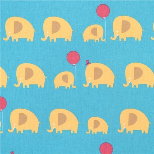 Remnant (44 x 108 cm) - blue cute light brown-yellow elephant Canvas fabric from Japan