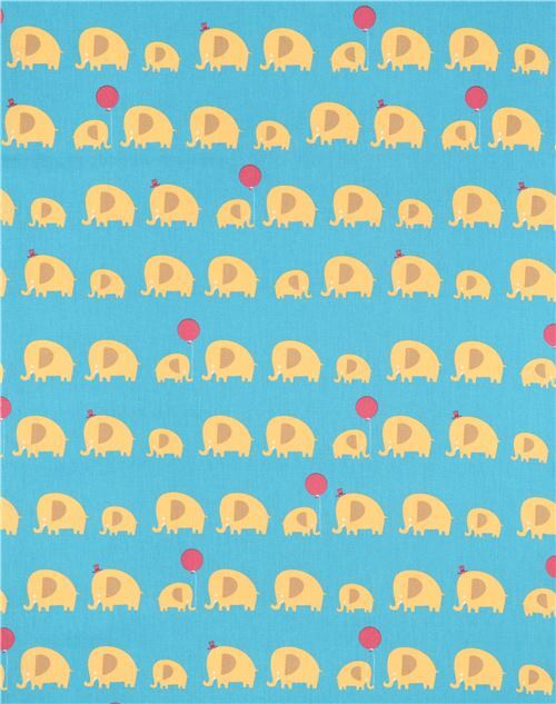 Remnant (44 x 108 cm) - blue cute light brown-yellow elephant Canvas fabric from Japan 2