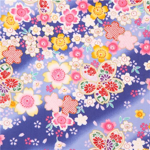 blue dark blue colorful flower gold metallic embellishment fabric from