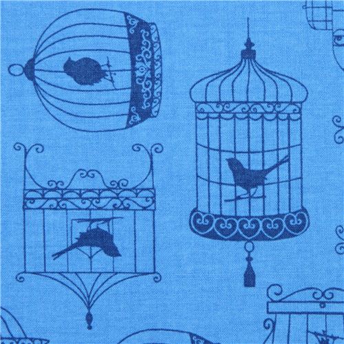 blue designer fabric with birds & bird cages from the USA 1