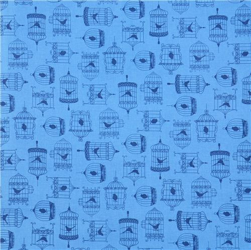 blue designer fabric with birds & bird cages from the USA 2